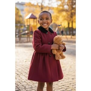 Vintage Freeway Fashions Girls Dress Coat Red Velvet Collar M Lined burgundy USA